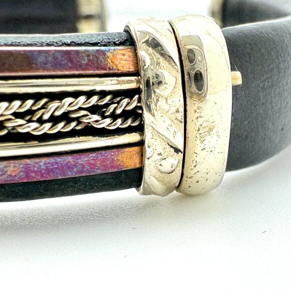 Handcrafted Copper & Brass Leather Bracelet  Intricate Detailing Adjustable - Picture 7 of 9